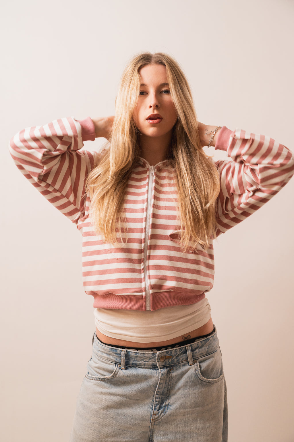 Pink striped zip up - for girlies/cropped fit